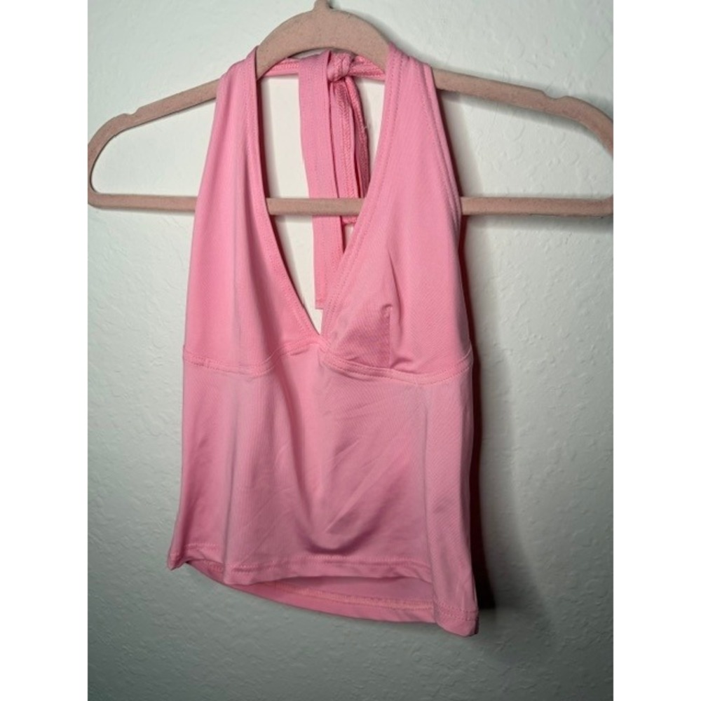 Pink Halter Neck Tie Back Crop Top Women's Size Medium Deep V-Neck Summer Tank
